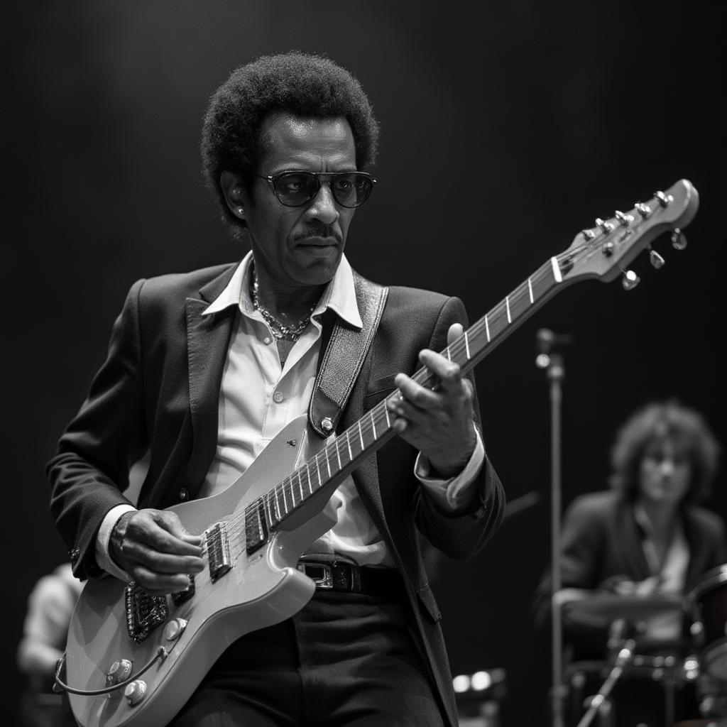 Chuck Berry holding his guitar