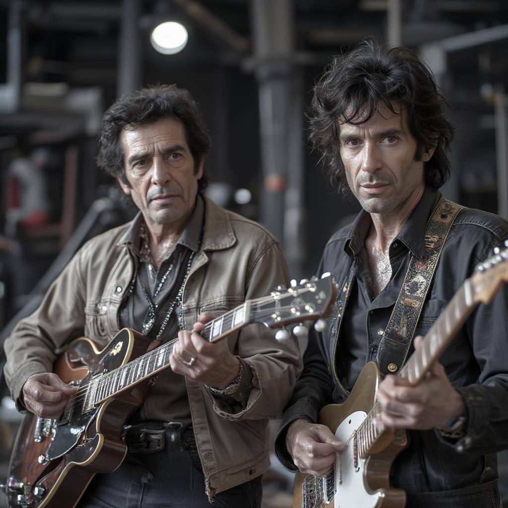 Chuck Berry and Keith Richards playing guitars together, sharing a moment of musical connection