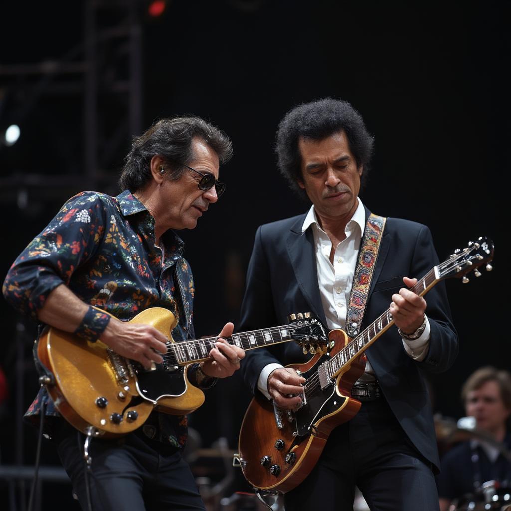 Chuck Berry and Keith Richards on stage playing guitar