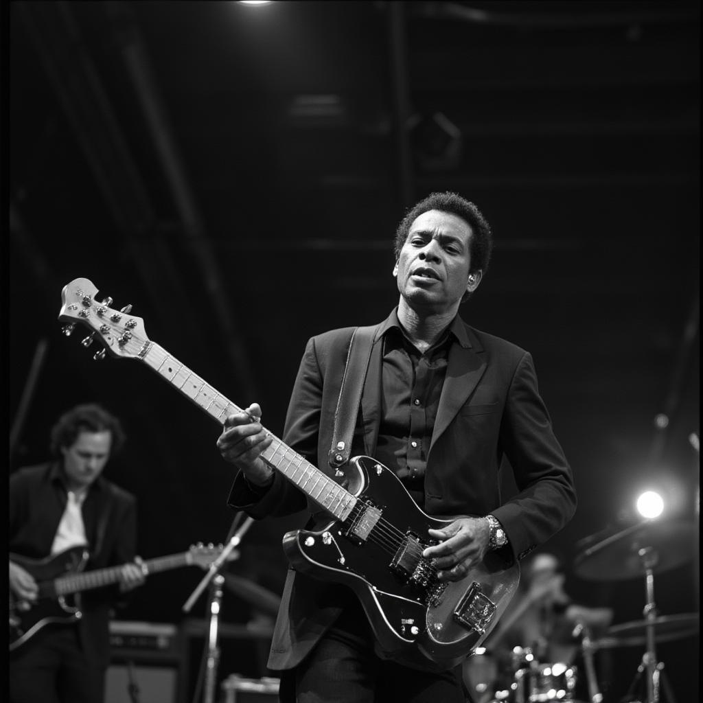 Chuck Berry performing live on stage with his guitar