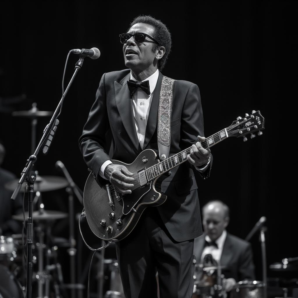 chuck berry performing on stage with microphone