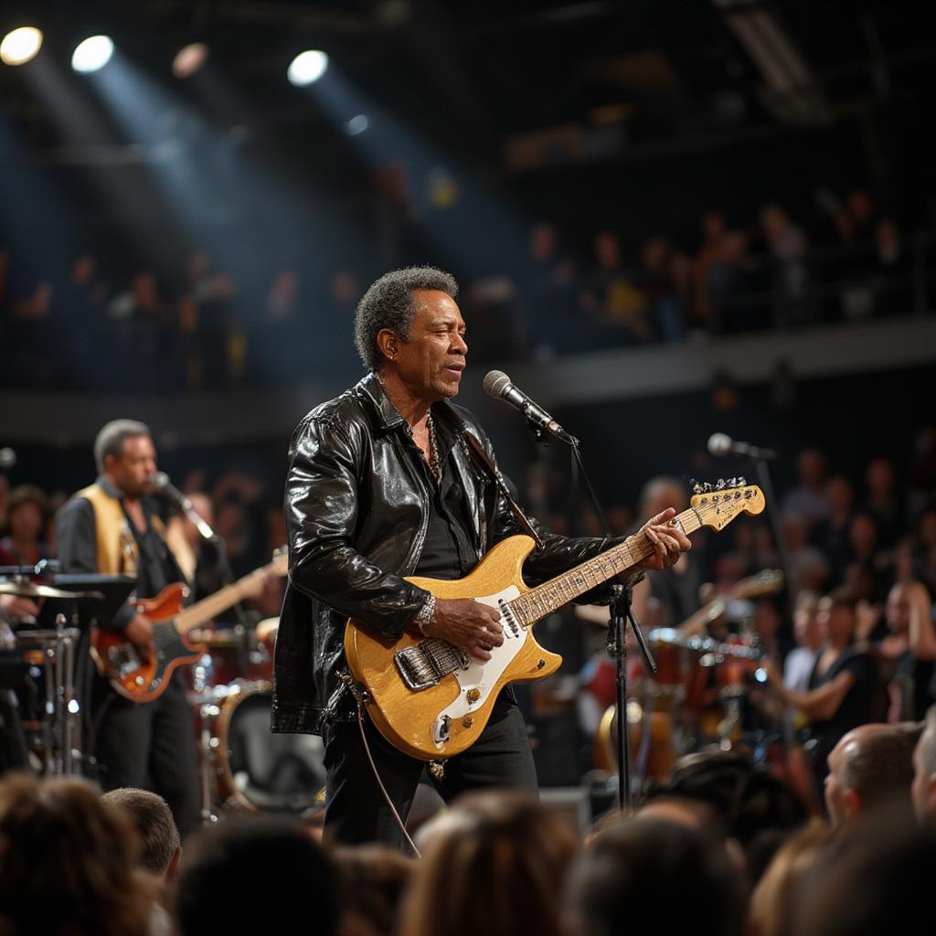 Chuck Berry on stage with his band in front of a crowd