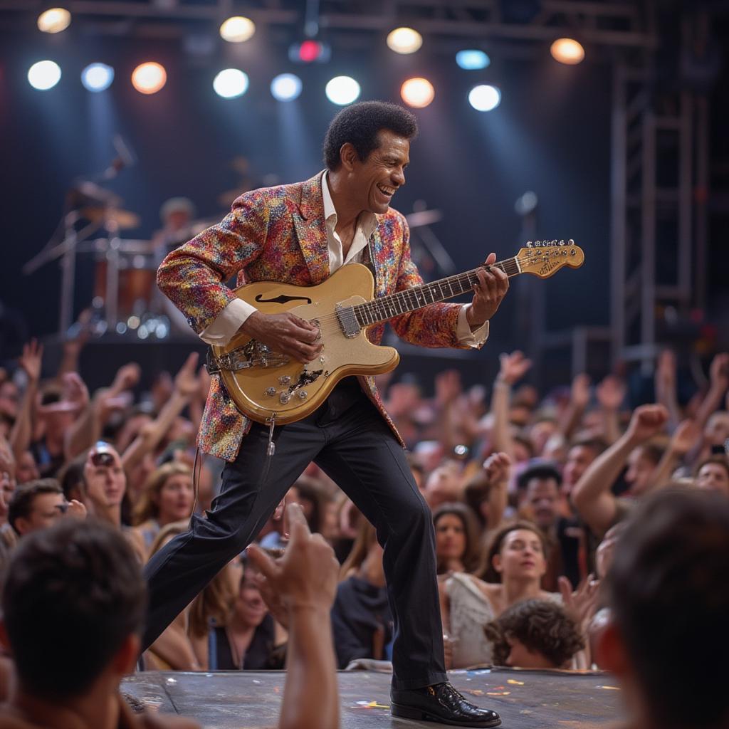 Chuck Berry performing his signature duck walk on stage