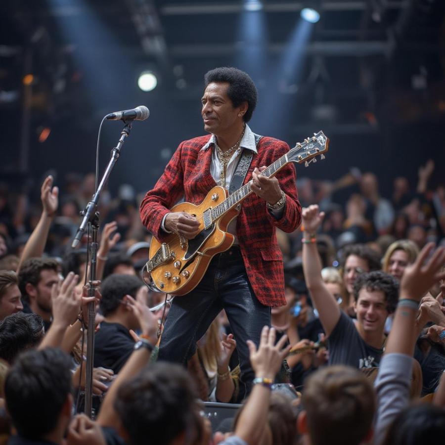 Chuck Berry electrifying the crowd in the 1960s