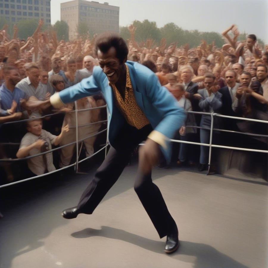 Chuck Berry performs his signature duckwalk on stage, electrifying the crowd with his rock and roll energy.