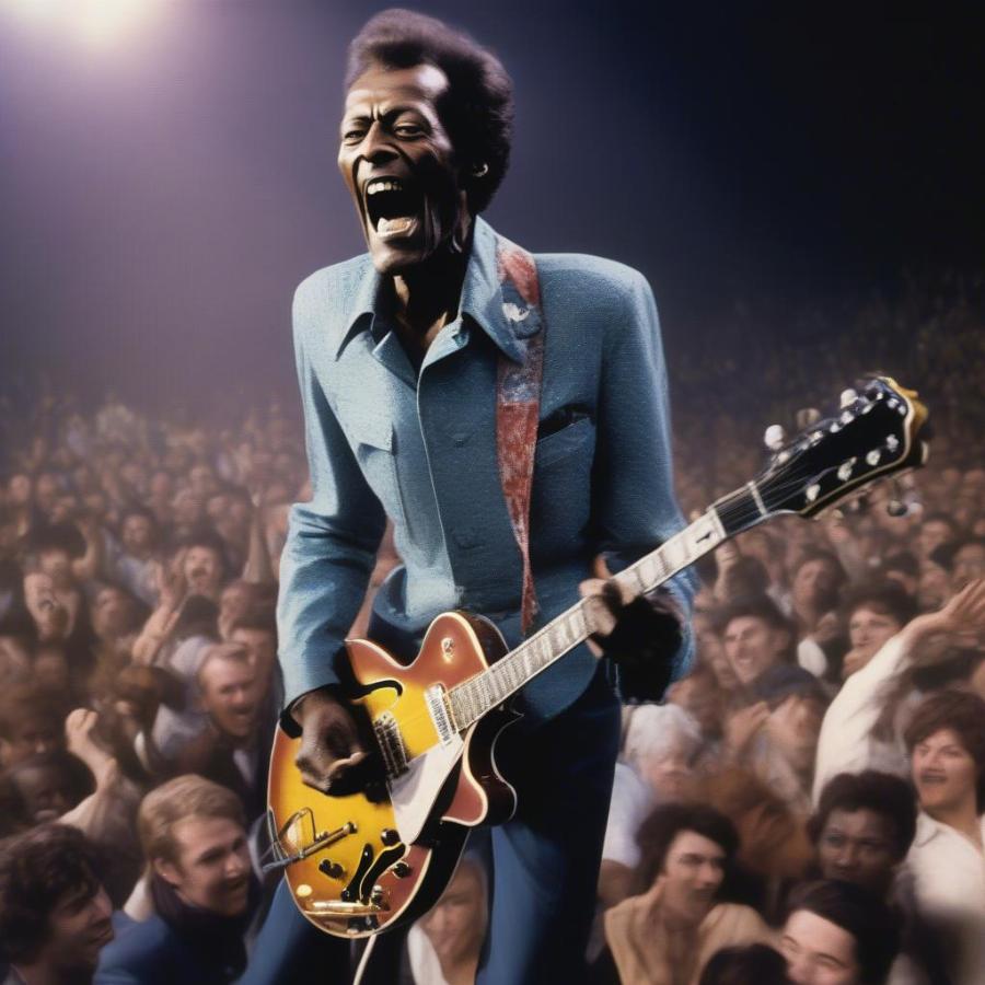 Chuck Berry performing energetically on stage with his signature guitar