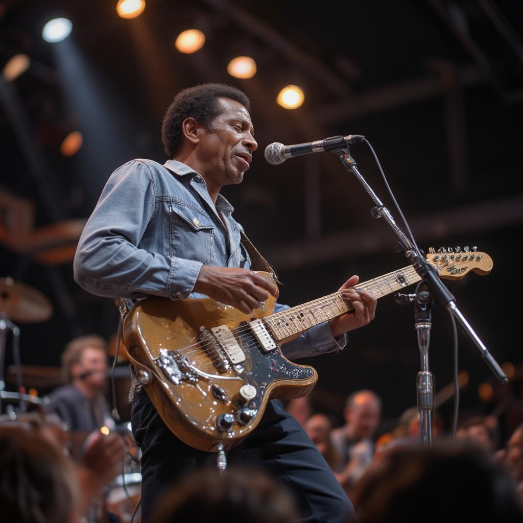 Chuck Berry performing live with his signature guitar style