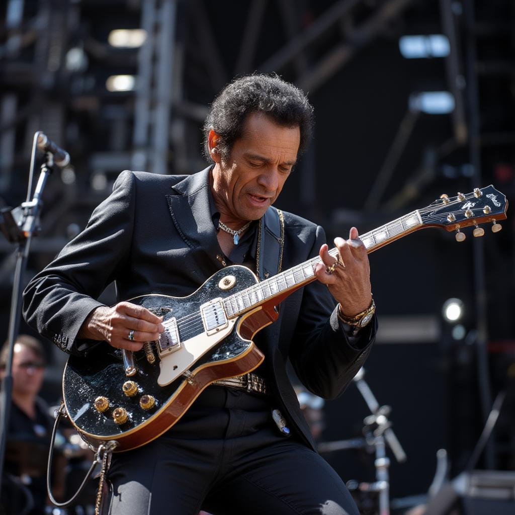 chuck berry rocking onstage with his guitar