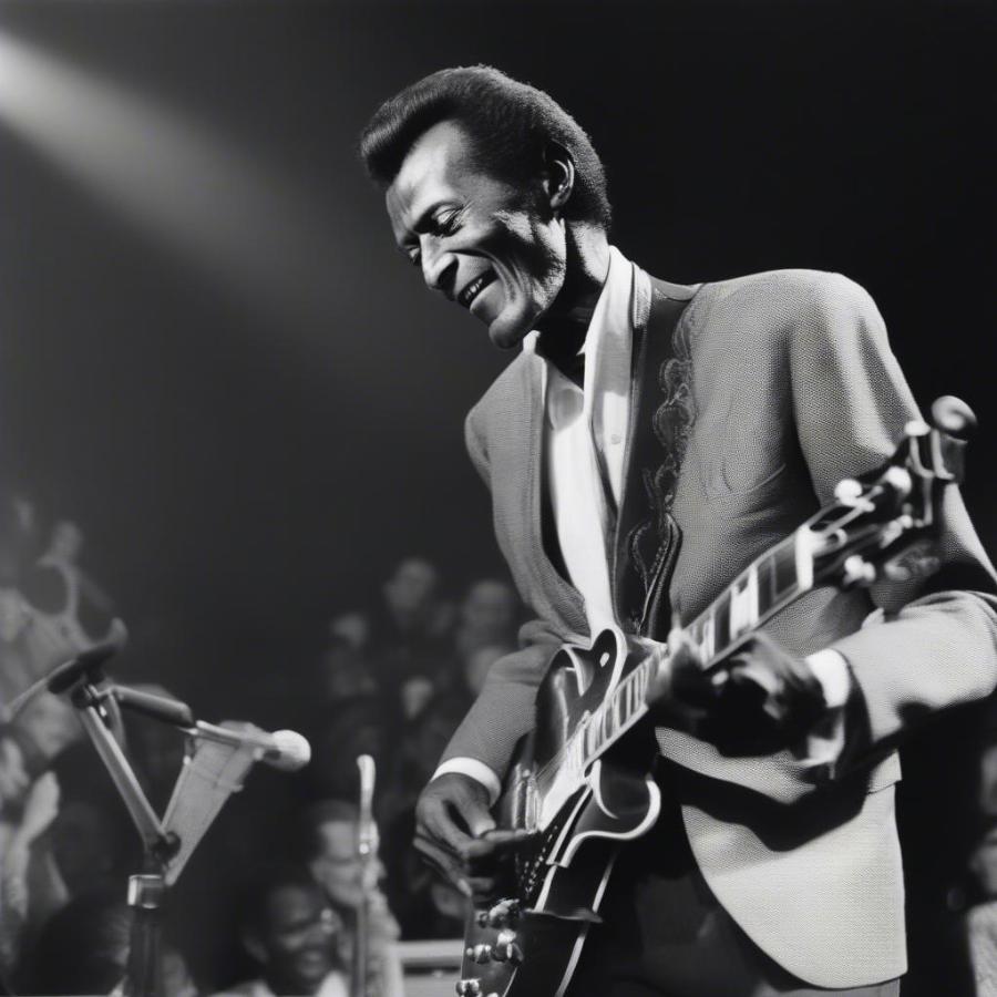 Chuck Berry performing "Johnny B. Goode" live on stage