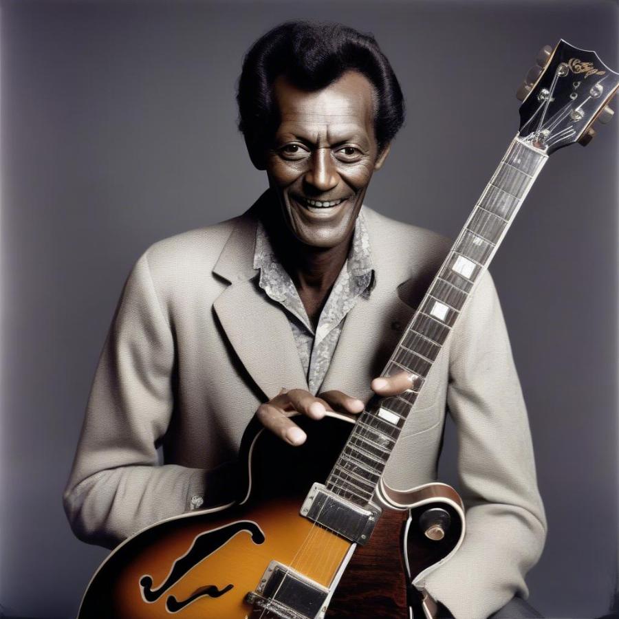 Chuck Berry posing with his Gibson ES-335 guitar