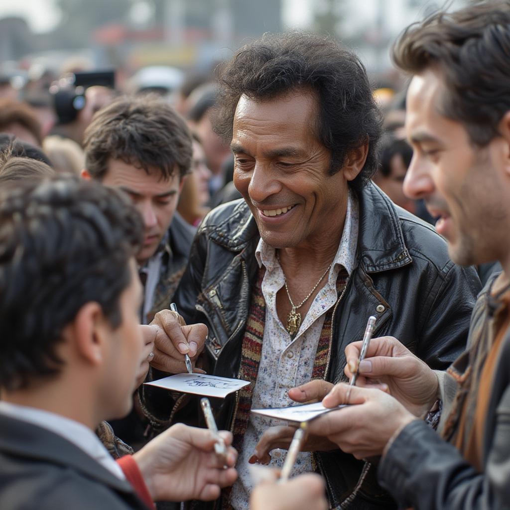 Chuck Berry connects with his devoted fans, signing autographs and sharing a moment of genuine connection.