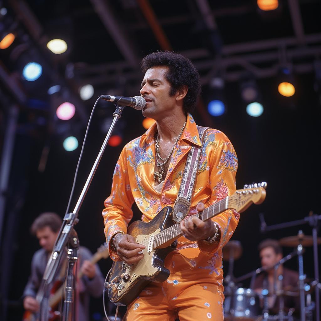 Chuck Berry Singing Passionately into a Microphone Onstage