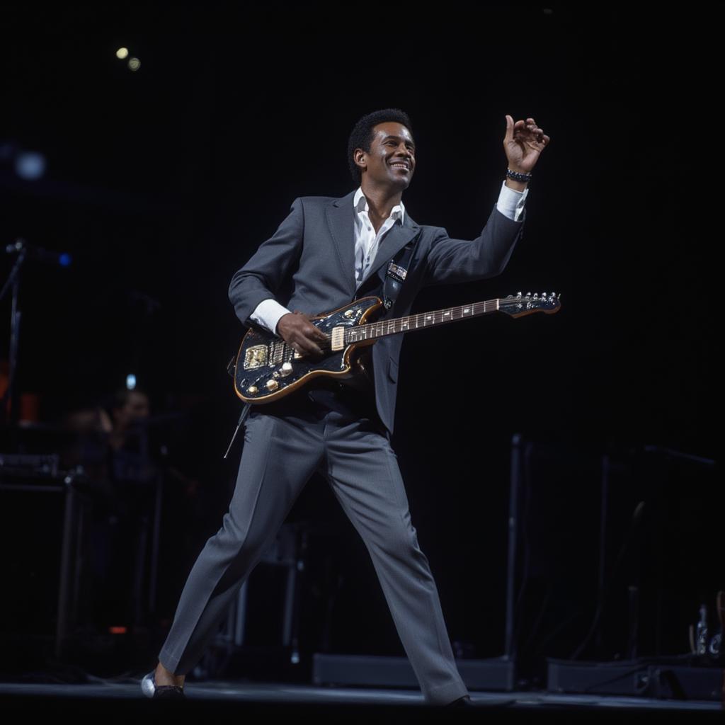 Chuck Berry performing duckwalk on stage