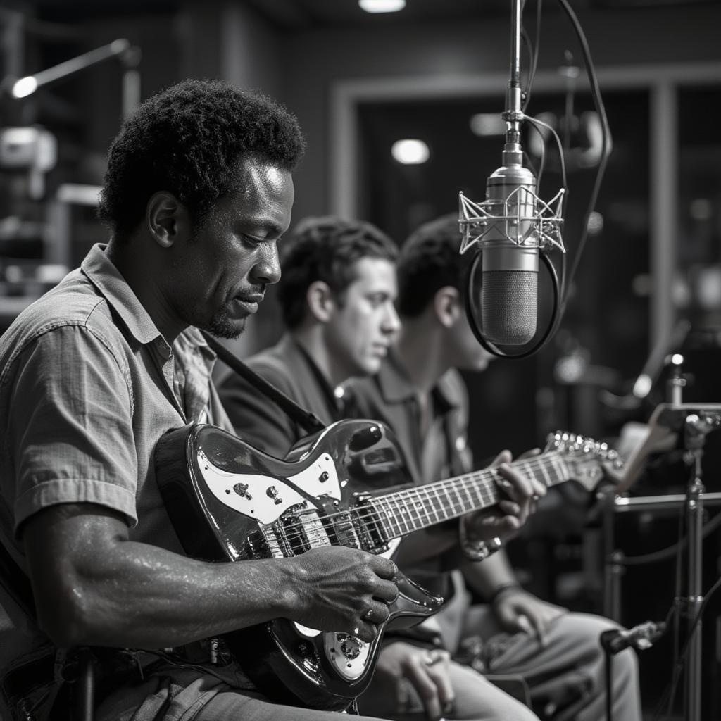 Chuck Berry in a recording studio during a music session