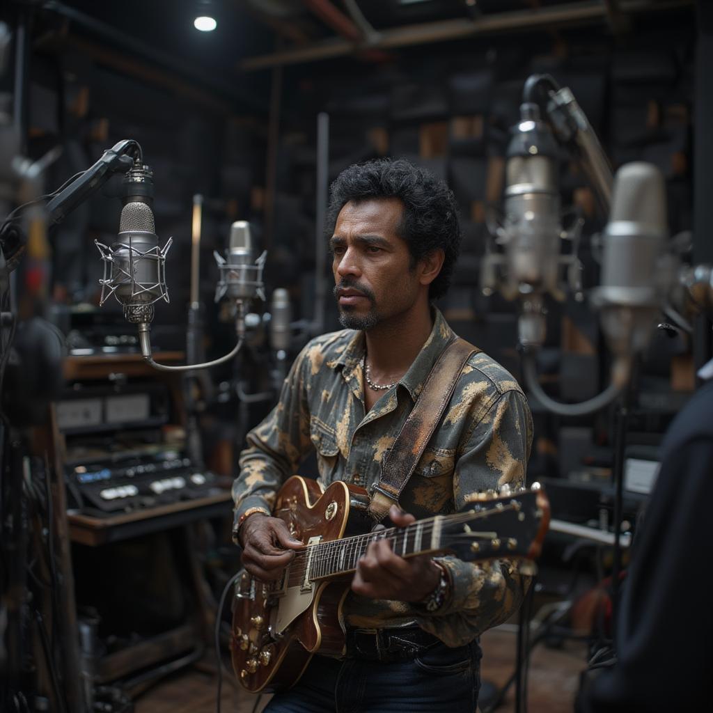 Chuck Berry in a Recording Studio: A vintage photo of Chuck Berry in a recording studio, holding his guitar and surrounded by microphones and recording equipment, offering a glimpse into the creative process behind his iconic music.