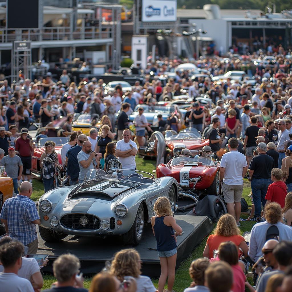 Classic car auction scene with excited bidders