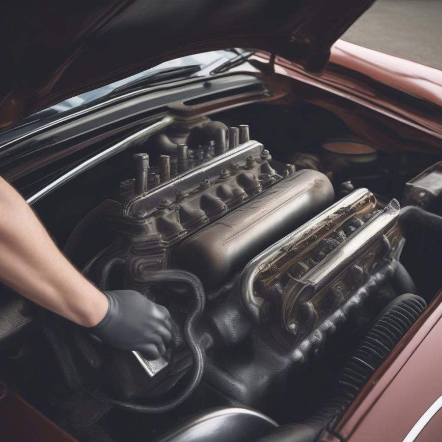 Mechanic Inspecting the Engine of a Classic Car