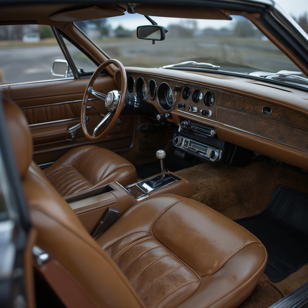 close up of classic car interior with detailed leather seats