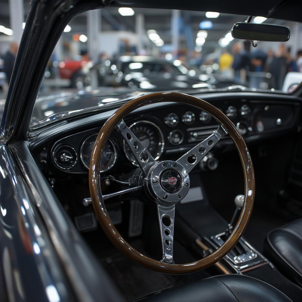 close up classic car interior nec show