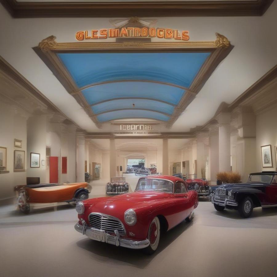 Entrance to a Classic Car Museum with Vintage Cars on Display