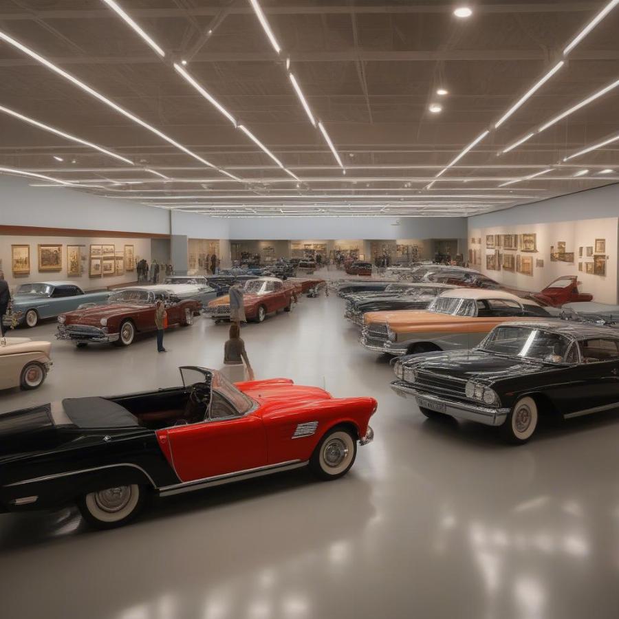 Visitors Exploring the Interior of a Classic Car Museum