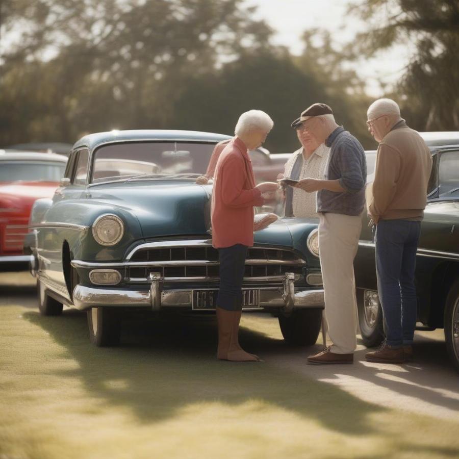 A group of classic car owners admiring their vehicles at a car meet.