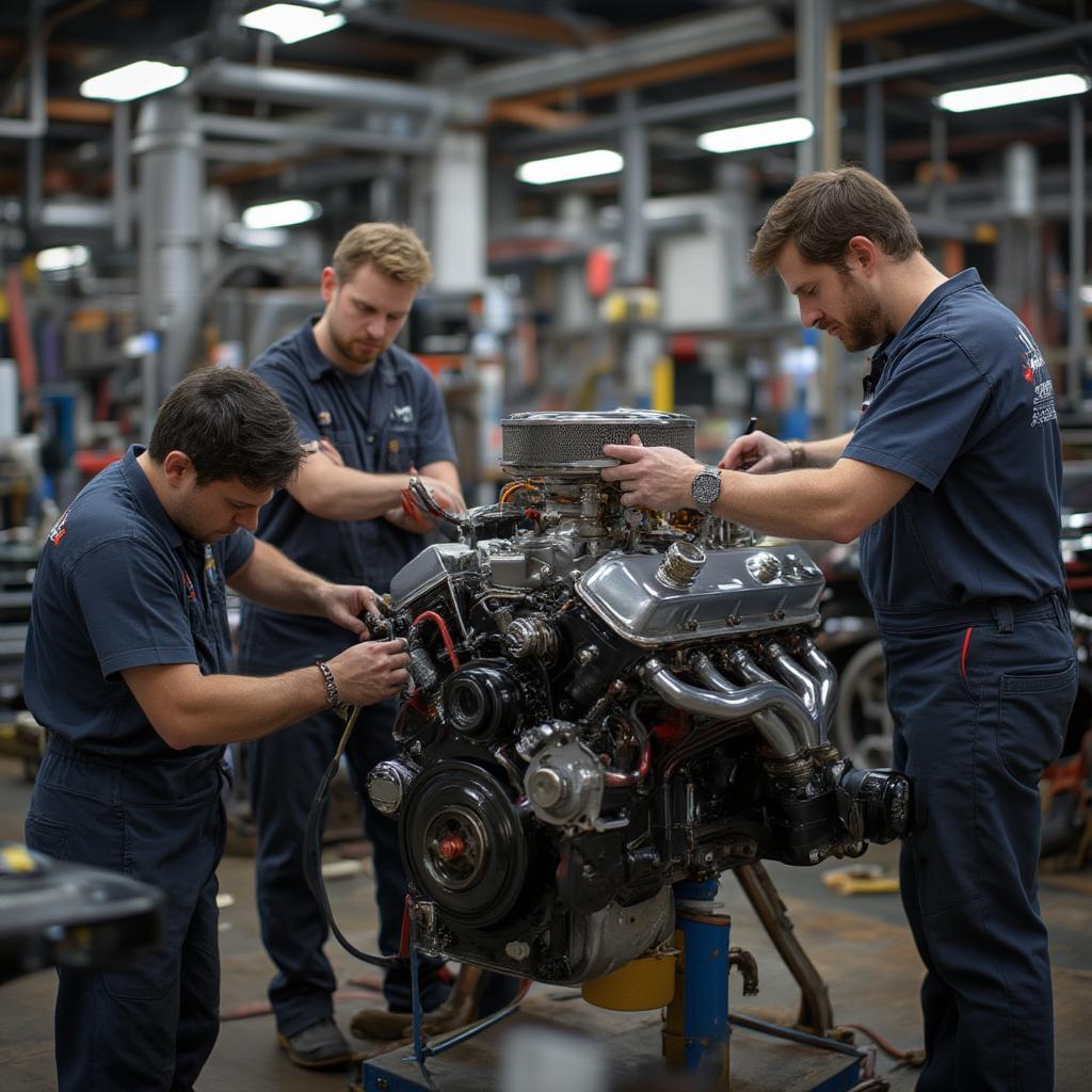 Classic Car Restoration Shop Interior: A team of mechanics meticulously working on a vintage car engine, surrounded by specialized tools and equipment.