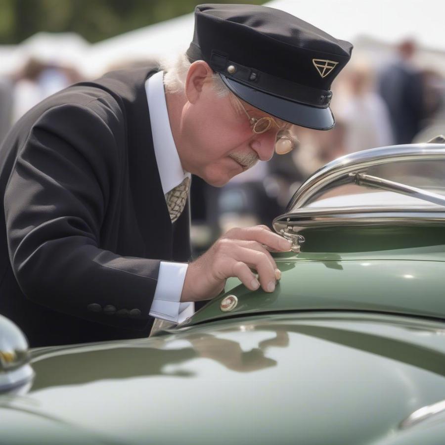 Classic Car Show Judge Inspecting a Restored Vehicle