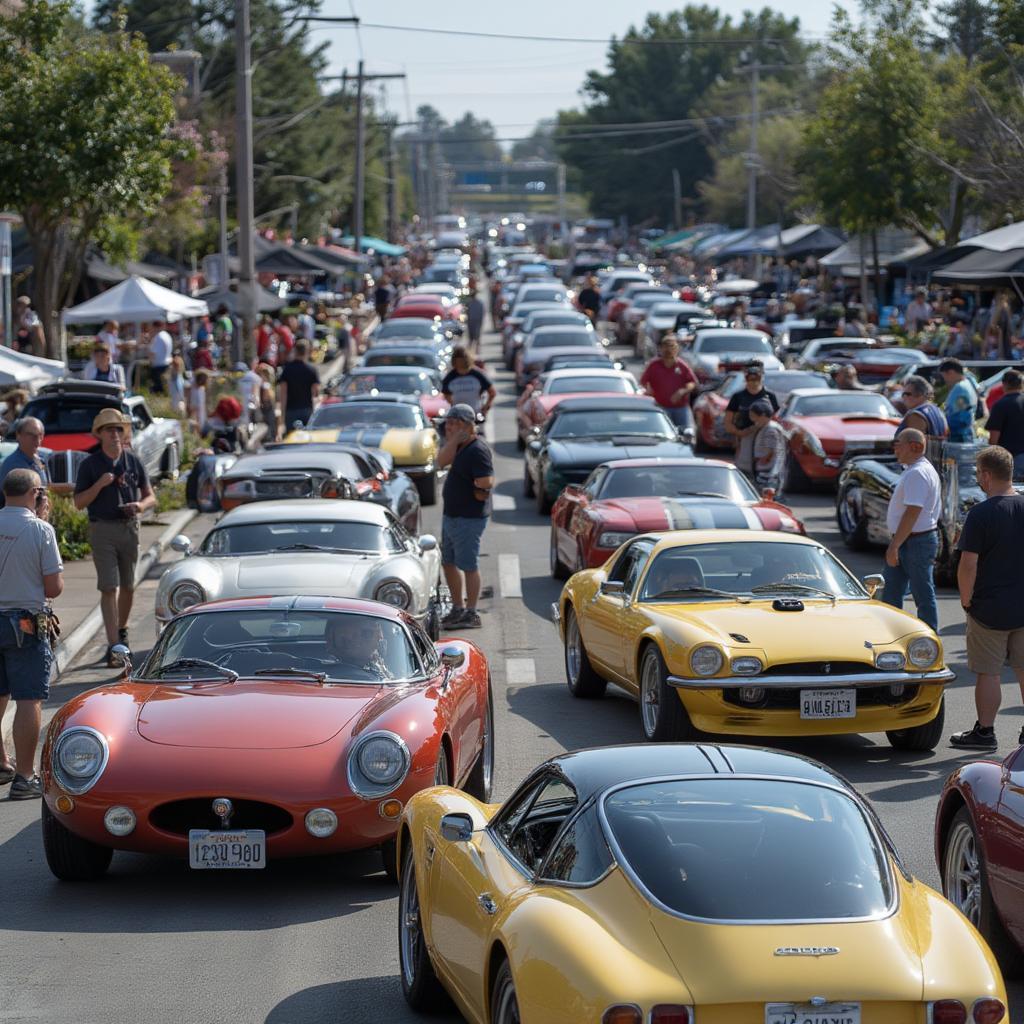 classic car show lineup with vintage cars