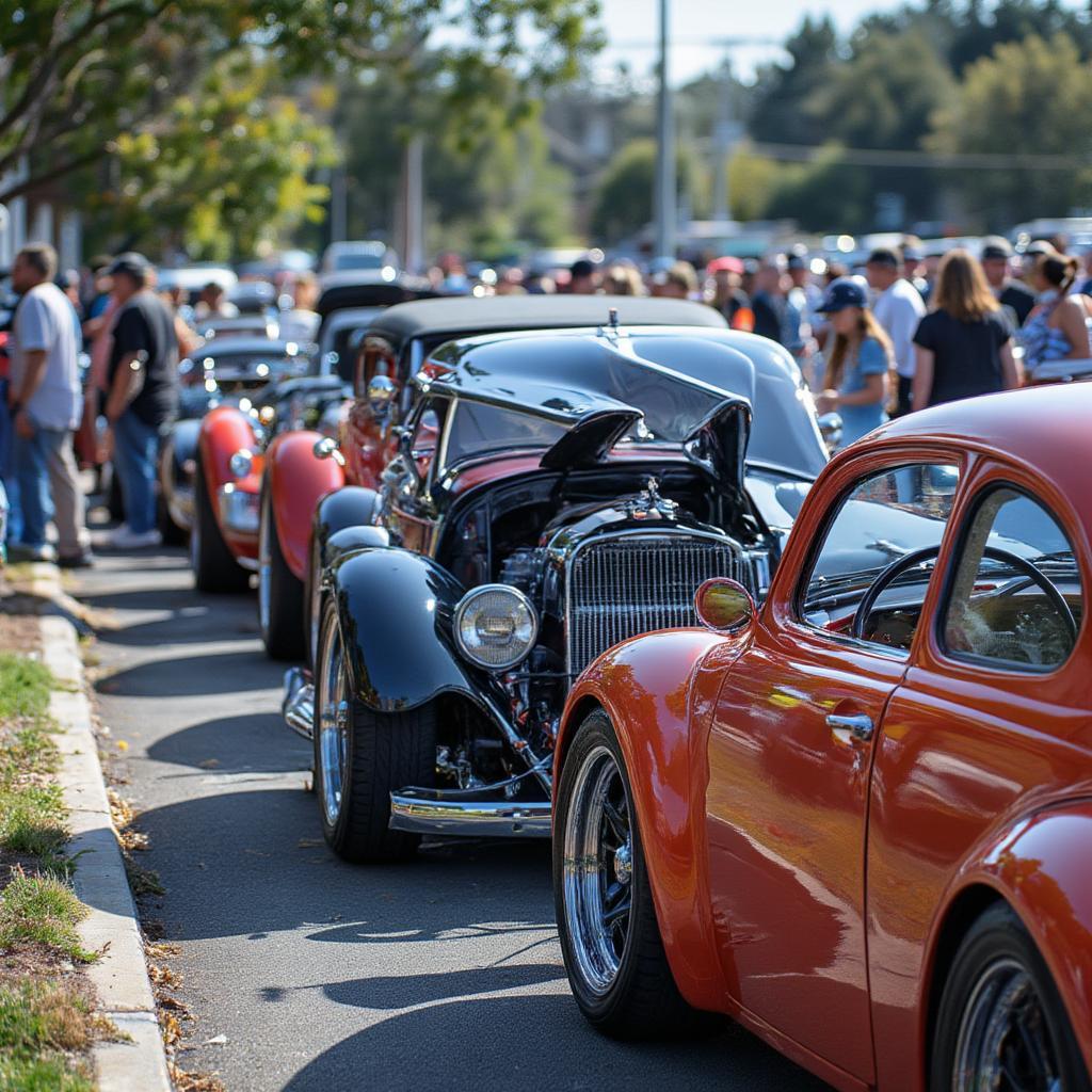 Classic Car Show with Local Enthusiasts Gathering Around Vintage Vehicles