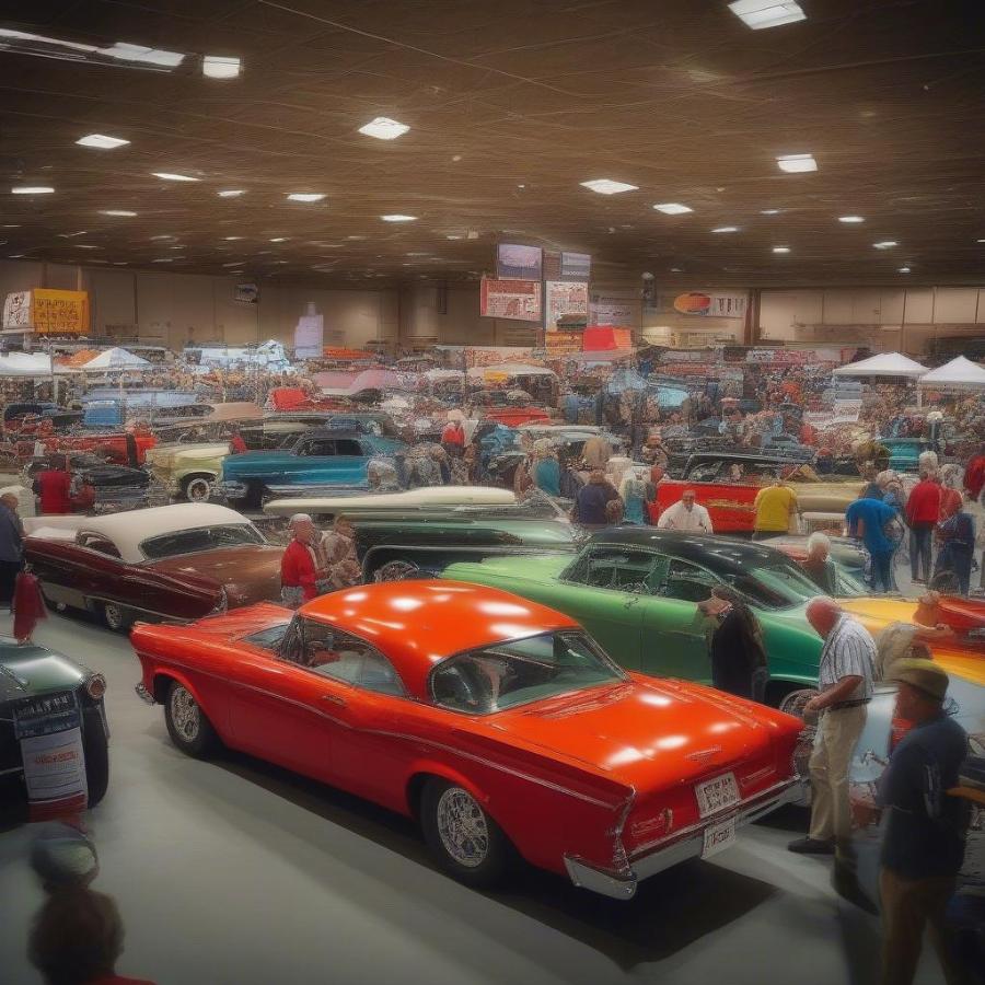 Vendors selling automotive memorabilia at a classic car show