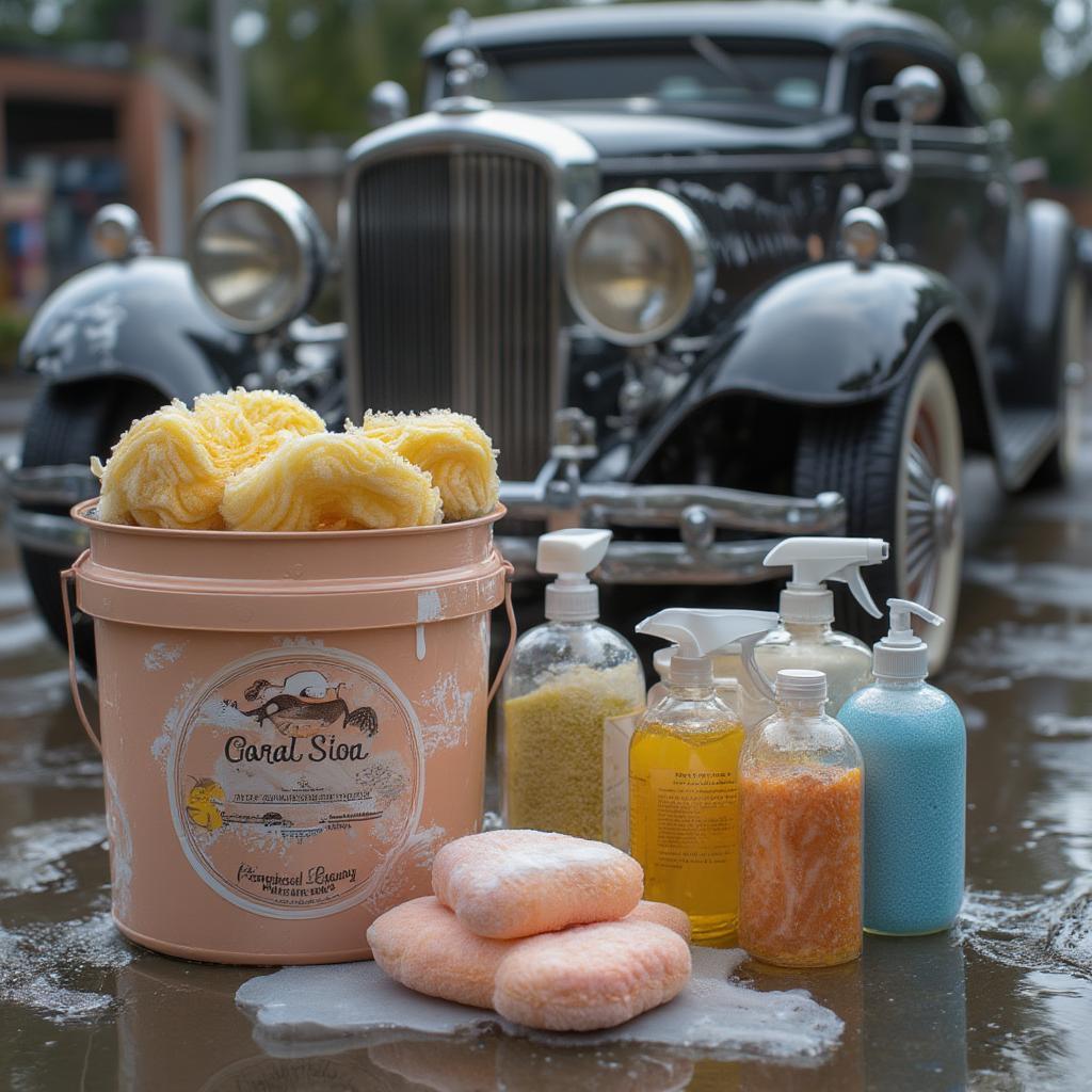 classic car wash with buckets and soaps