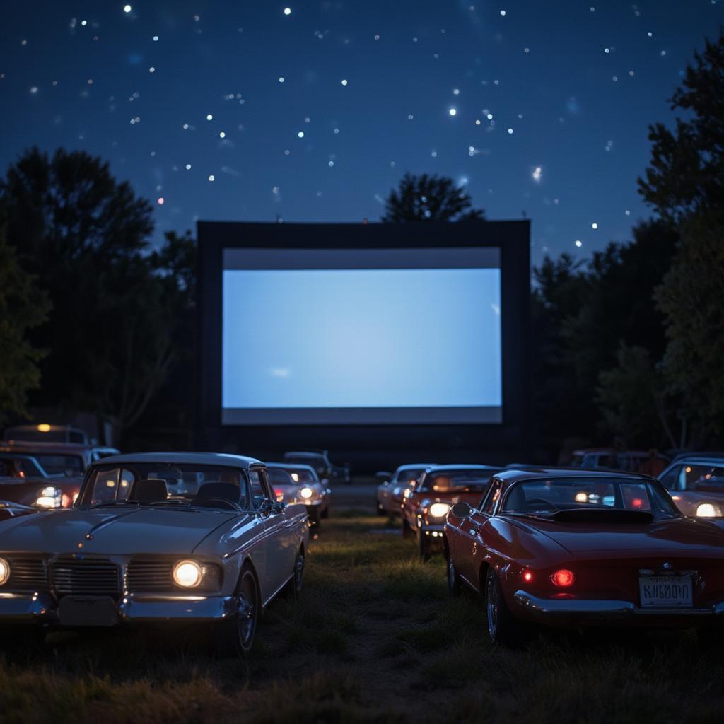 Classic cars parked at a drive-in movie theater under a starry night sky