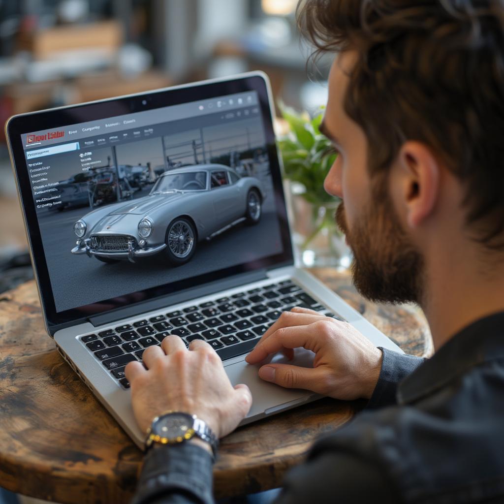 Man inspecting classic car for sale online