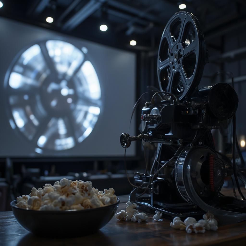 Classic film reel, projector and popcorn