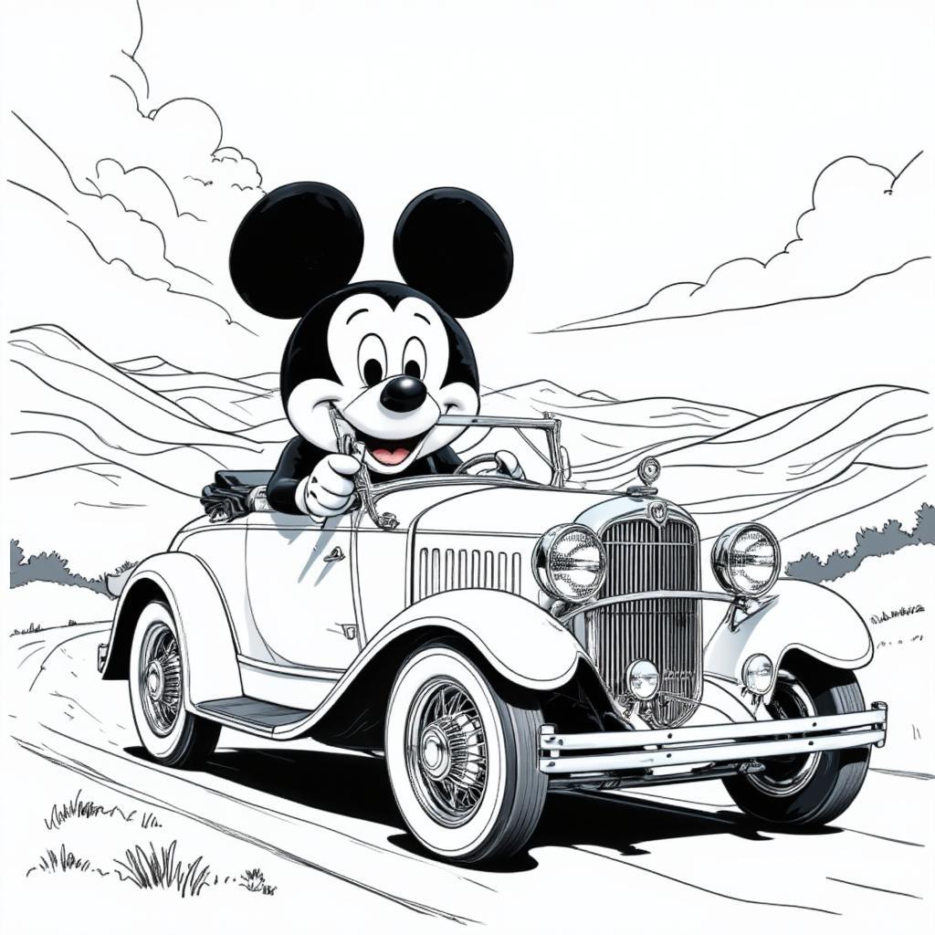 Classic Mickey Mouse in a 1930s Roadster