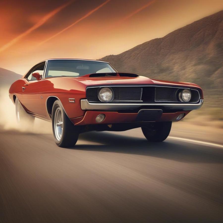 Classic Muscle Car Cruising on a Scenic Road