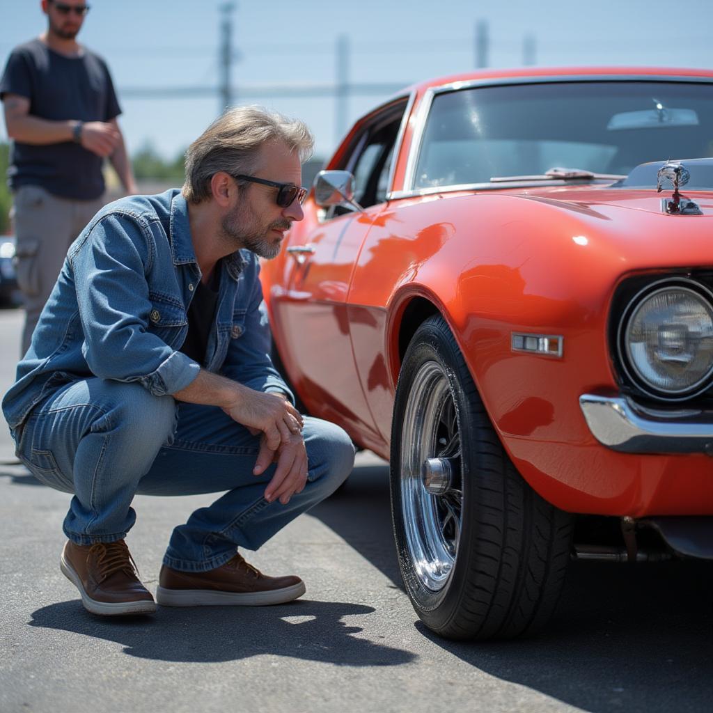 A classic muscle car is being inspected by a potential buyer