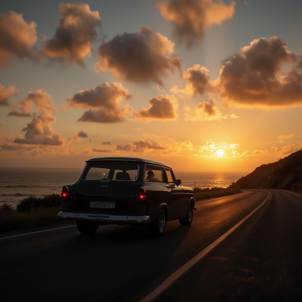 Classic Station Wagon Driving into the Sunset