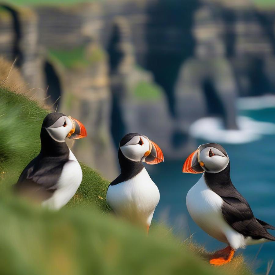 Atlantic Puffins nesting on the Cliffs of Moher overlooking the Atlantic