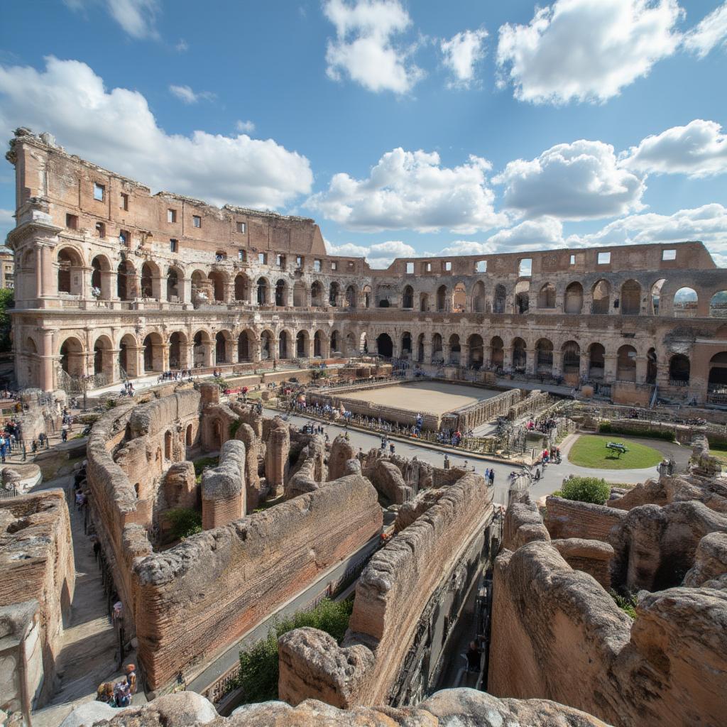 The Colosseum in Rome, a massive ancient amphitheater showcasing Roman architecture and engineering