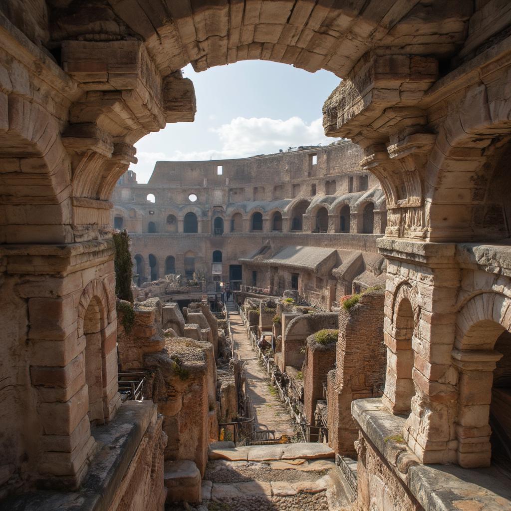 The Colosseum in Rome, Italy, with sunlight streaming through its arches