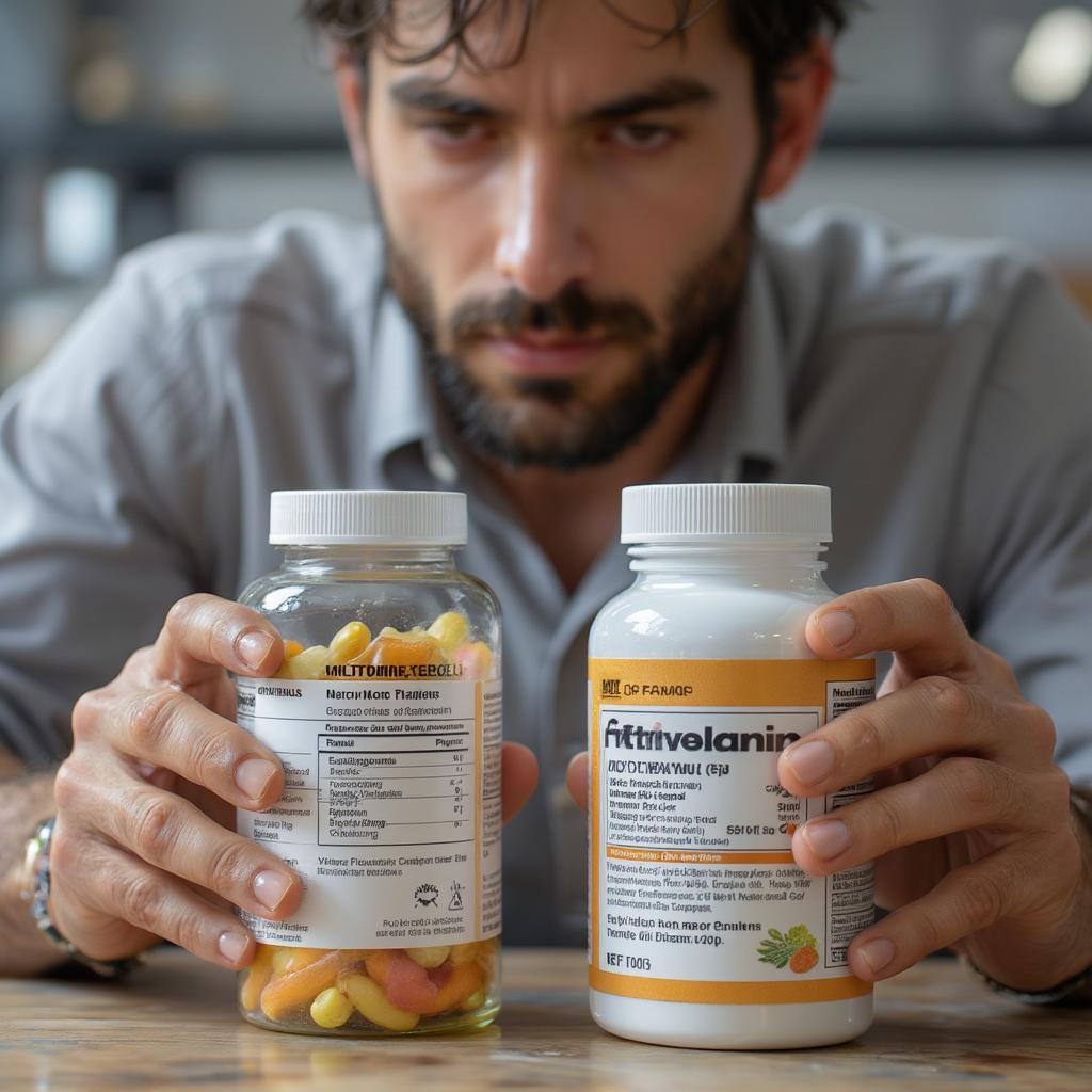 man comparing nutrition label multivitamins