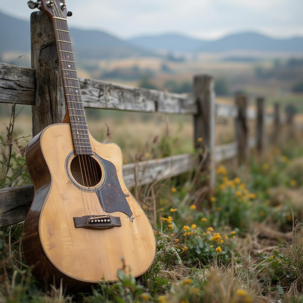 A scenic shot of a guitar in a rural setting