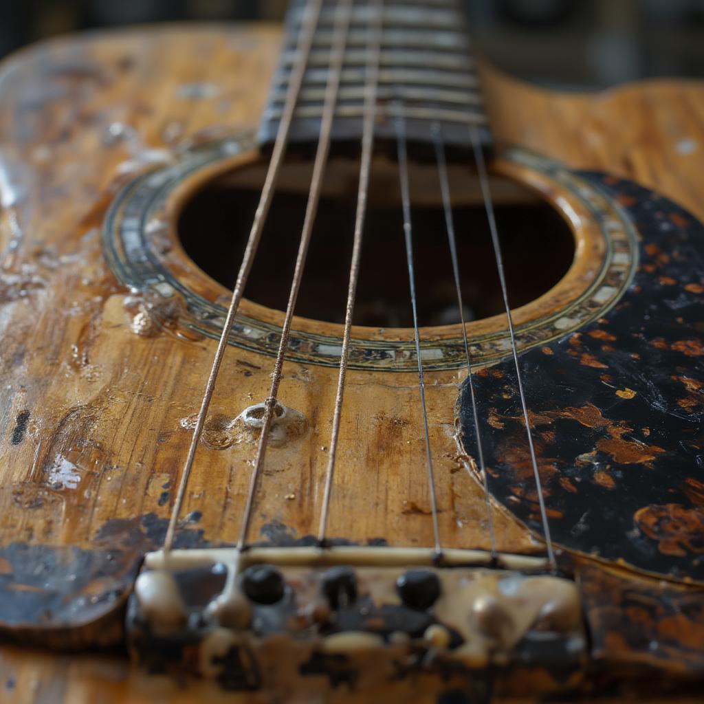 Close up of a guitar in a country rock style with detailed wood and strings