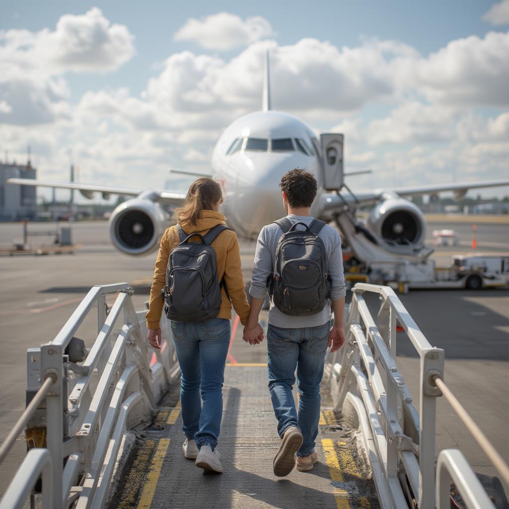 Couple Boarding Airplane for Round Trip Vacation