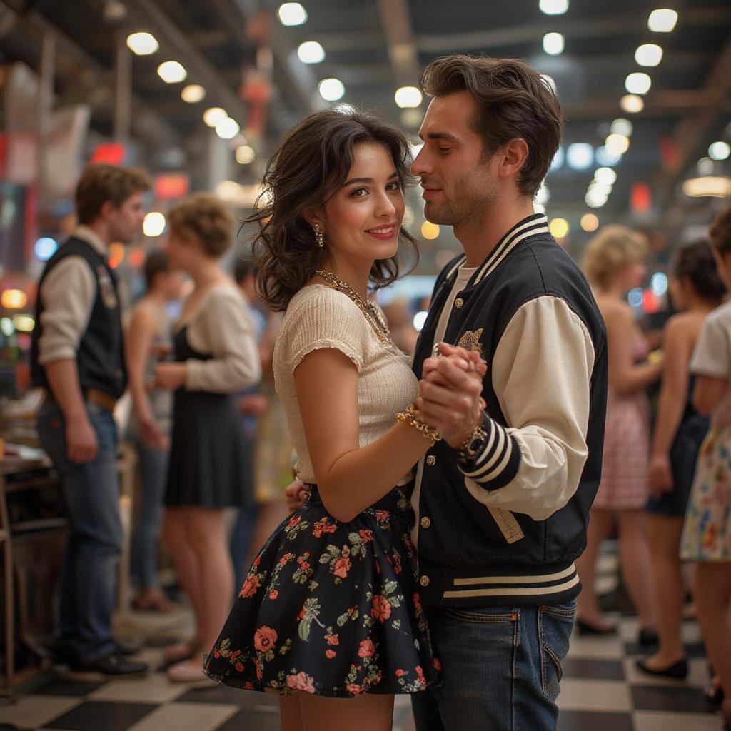 Romantic Couple Dancing to Oldies Music at a Sock Hop