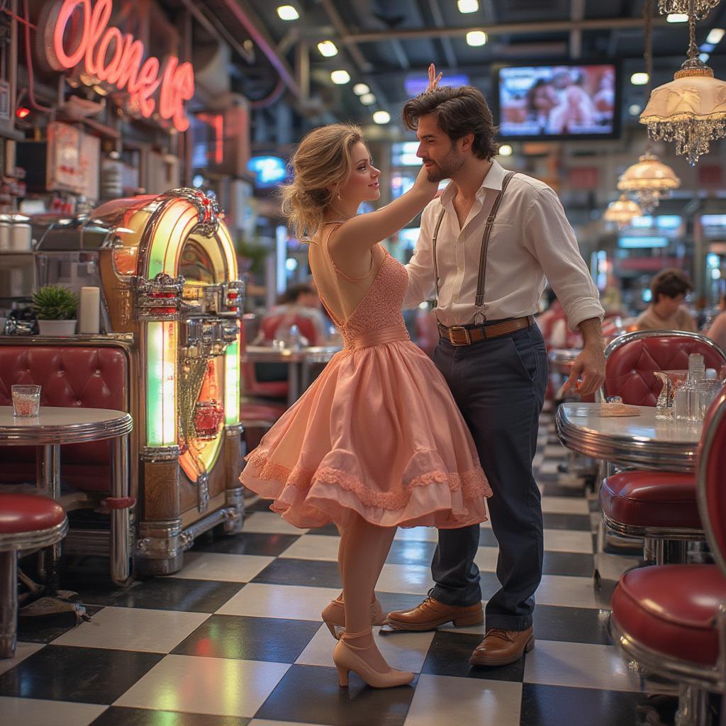 Couple Dancing to Oldies Music by a Jukebox