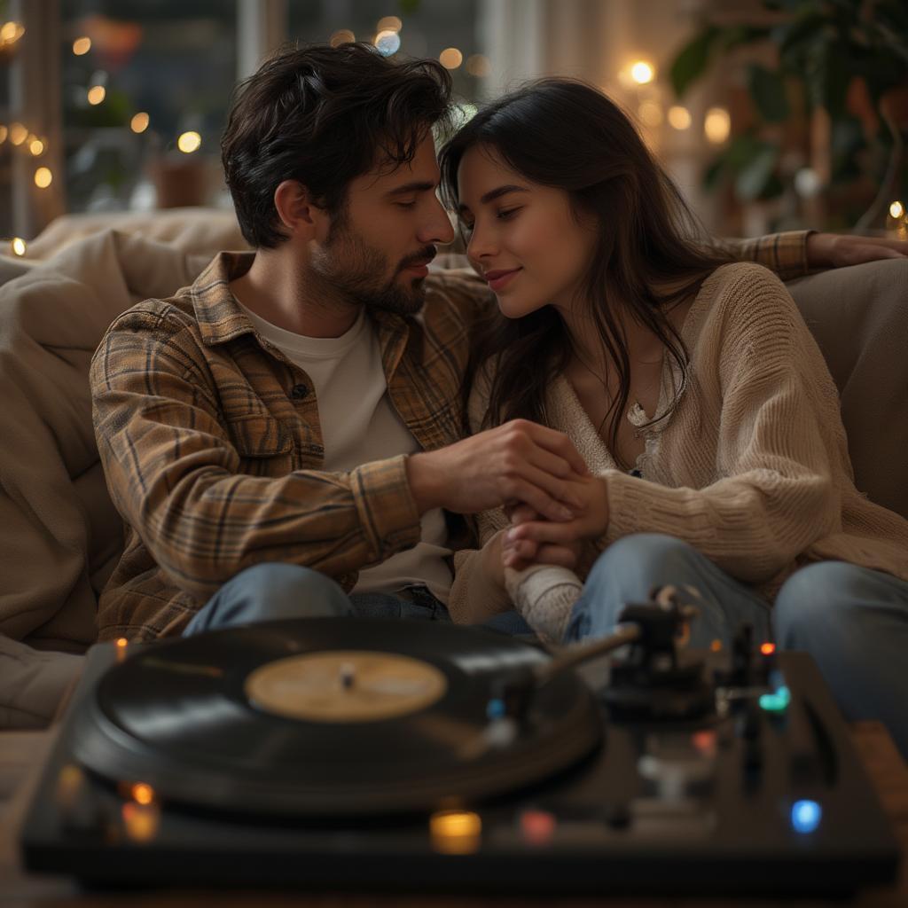 Couple cuddling on a couch, listening to vinyl records.