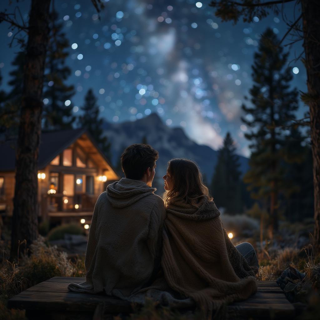 Couple stargazing during a romantic getaway in a secluded mountain cabin.